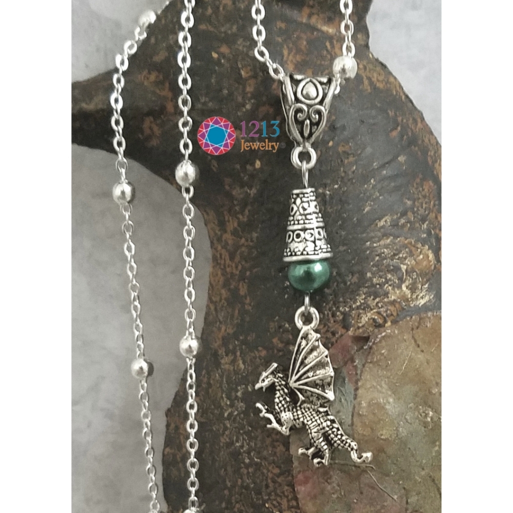 Handcreated Dragon Necklace on a Sterling Silver Chain with a Green Accent